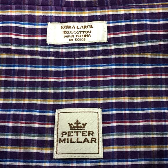 Peter Millar Mens Button Up Shirt XL Purple Multicolor Plaid Long Sleeve Cotton - Picture 3 of 10